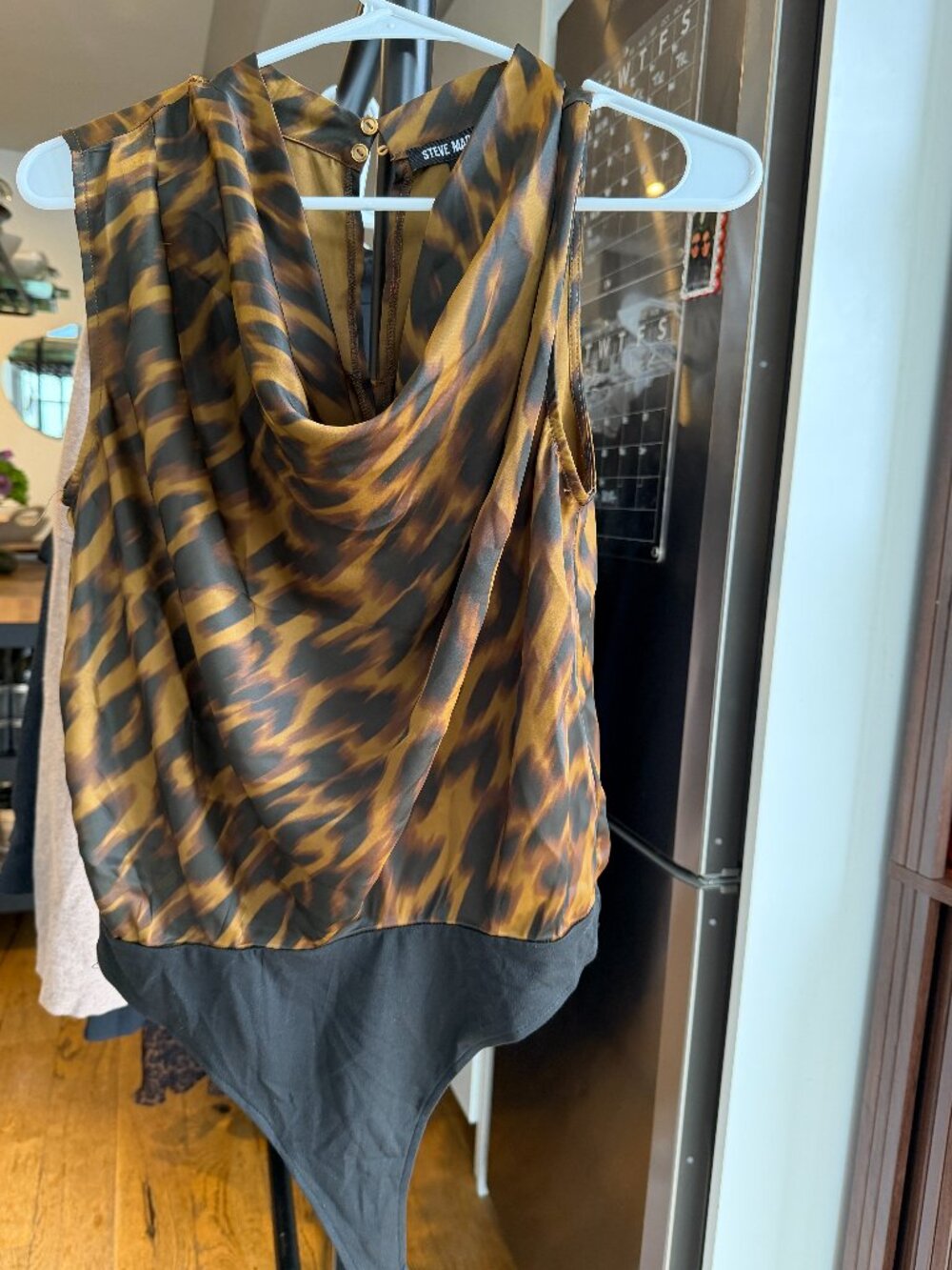 NWT Steve Madden Jayde Satin Cowl Neck Bodysuit Leopard Toffee M